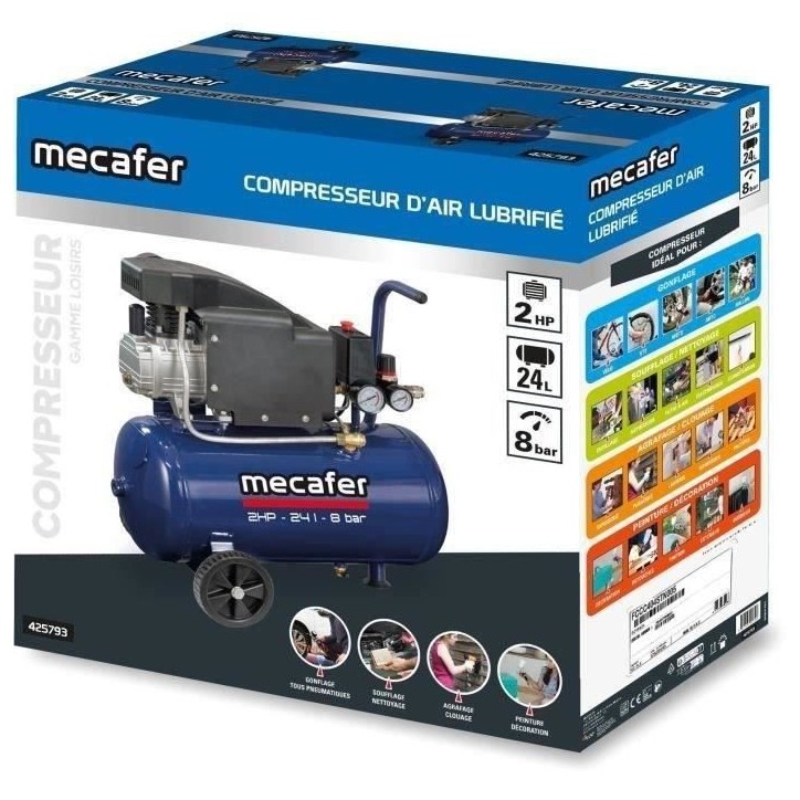 Compresseur - MECAFER - 425793 - Bleu - 24 L - 2HP - 8 bar