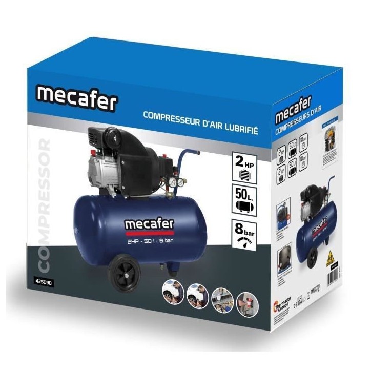 Compresseur - MECAFER - 425794 - Bleu - 50 L - 2 HP - 8 Bar