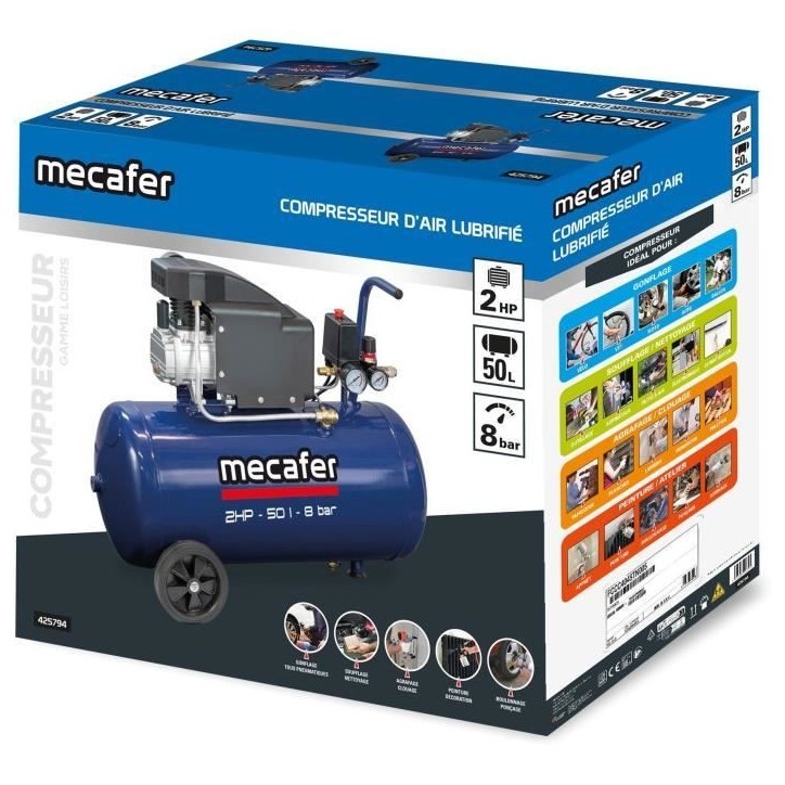 Compresseur - MECAFER - 425794 - Bleu - 50 L - 2 HP - 8 Bar