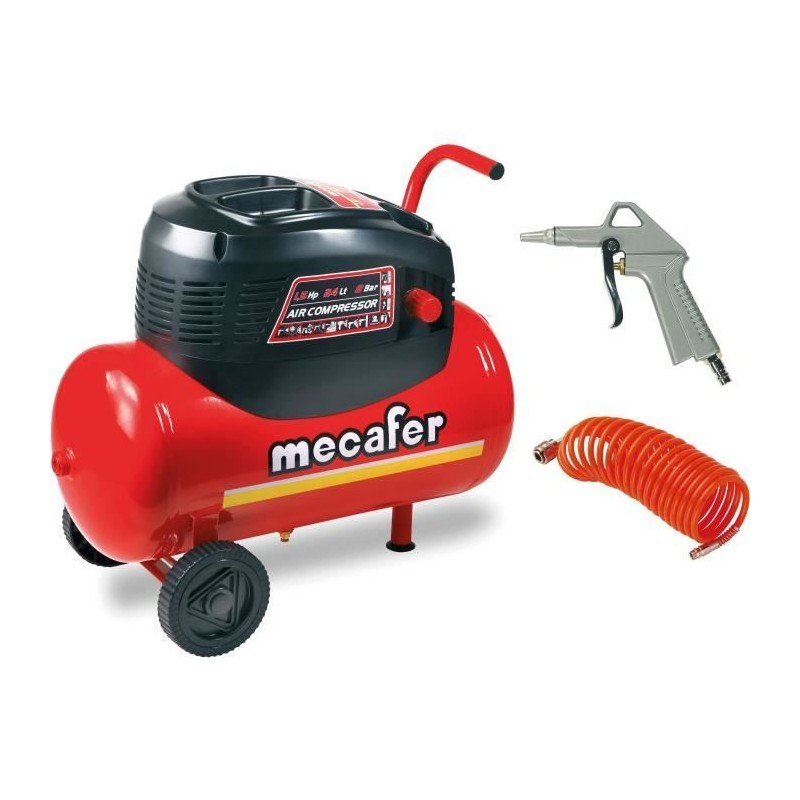 Compresseur MECAFER - 24L 1.5HP sans huile + tuyau et soufflette Compresseur MECAFER - 24L 1.5HP sans huile + tuyau et soufflette