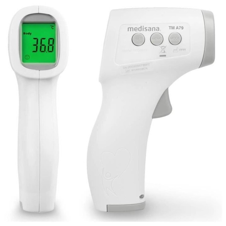 Thermemetre sans contact TM A79 medisana. Alarmes visuelle (3 couleurs) et sonore. Dispositif médical certifié. 50 mémoires. Thermemetre sans contact TM A79 medisana. Alarmes visuelle (3 couleurs) et sonore. Dispositif médical certifié. 50 mémoires.