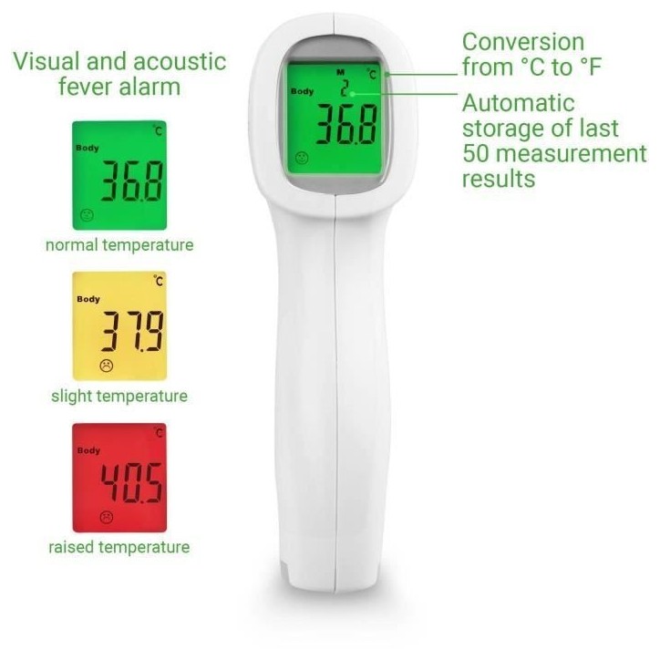 Thermemetre sans contact TM A79 medisana. Alarmes visuelle (3 couleurs) et sonore. Dispositif médical certifié. 50 mémoires. Thermemetre sans contact TM A79 medisana. Alarmes visuelle (3 couleurs) et sonore. Dispositif médical certifié. 50 mémoires.