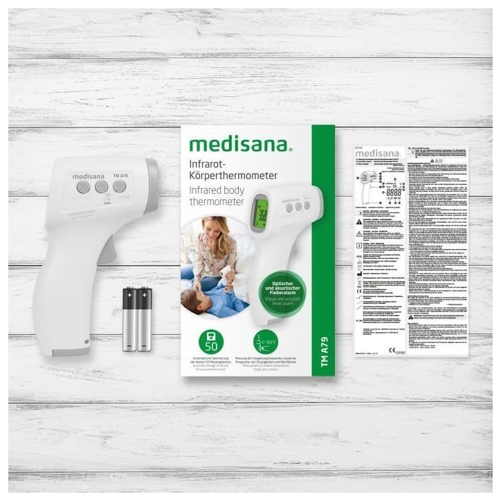 Thermemetre sans contact TM A79 medisana. Alarmes visuelle (3 couleurs) et sonore. Dispositif médical certifié. 50 mémoires. Thermemetre sans contact TM A79 medisana. Alarmes visuelle (3 couleurs) et sonore. Dispositif médical certifié. 50 mémoires.