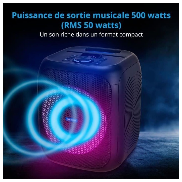 Enceinte - MEDION - Compact - 50W RMS - Anneau LED multicolore Enceinte - MEDION - Compact - 50W RMS - Anneau LED multicolore