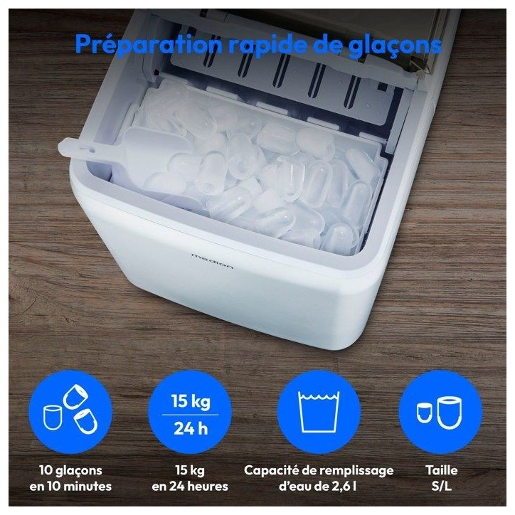 Machine a glaçons cristallins – MEDION MD11950 – Réservoir eau 2,6L – 15kg/24h – 2 tailles – 10 minutes – Inox Machine a glaçons cristallins – MEDION MD11950 – Réservoir eau 2,6L – 15kg/24h – 2 tailles – 10 minutes – Inox