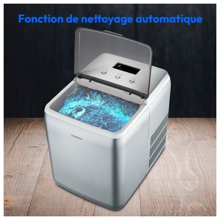Machine a glaçons cristallins – MEDION MD11950 – Réservoir eau 2,6L – 15kg/24h – 2 tailles – 10 minutes – Inox Machine a glaçons cristallins – MEDION MD11950 – Réservoir eau 2,6L – 15kg/24h – 2 tailles – 10 minutes – Inox