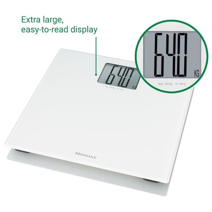 Pese-personne XL Medisana PS 470 Blanc - Charge maximale 250 kg - Grand écran - Extinction automatique Pese-personne XL Medisana PS 470 Blanc - Charge maximale 250 kg - Grand écran - Extinction automatique