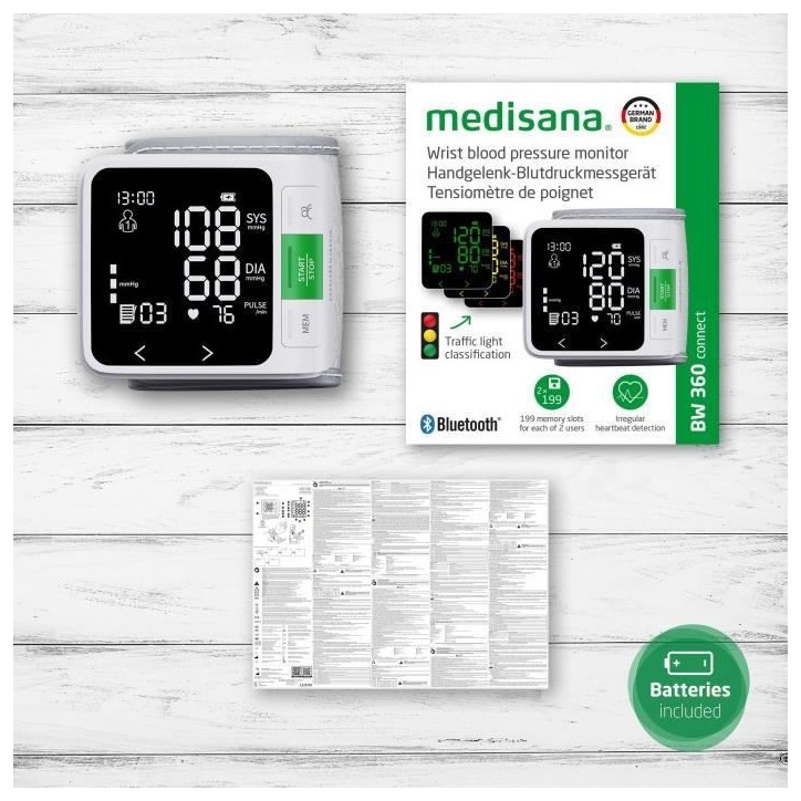 Tensiometre de poignet connecté - MEDISANA - BW 360 - 1,5 V - Dispositif médical certifié - Blanc Tensiometre de poignet connecté - MEDISANA - BW 360 - 1,5 V - Dispositif médical certifié - Blanc