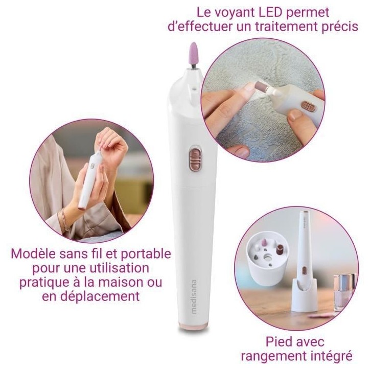 Kit de manucure / pédicure sans fil - MEDISANA - MP 900 - 5 accessoires - Eclairage LED de précision - Blanc