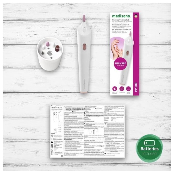 Kit de manucure / pédicure sans fil - MEDISANA - MP 900 - 5 accessoires - Eclairage LED de précision - Blanc