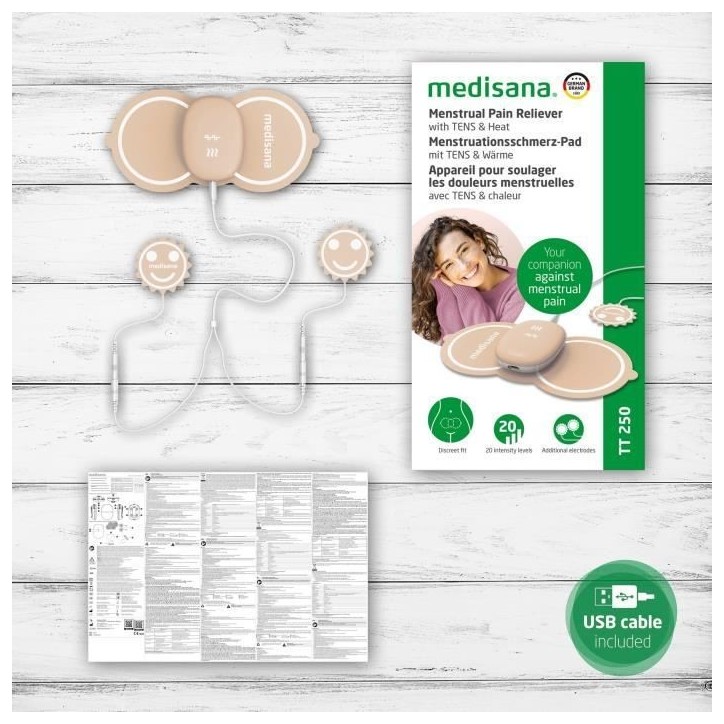 Appareil soulageant les douleurs menstruelles - MEDISANA - TT 250 TENS - 4 electrodes - Ventre et dos - Beige Appareil soulageant les douleurs menstruelles - MEDISANA - TT 250 TENS - 4 electrodes - Ventre et dos - Beige