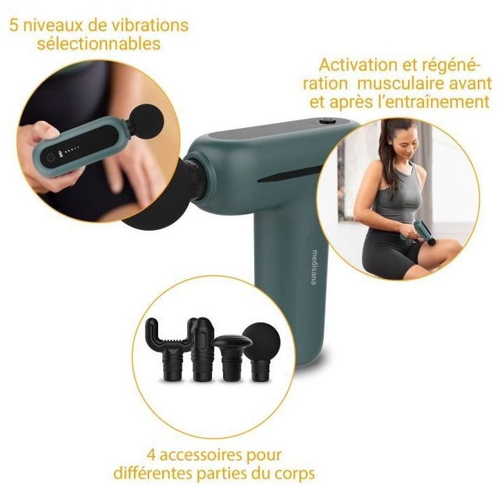 Pistolet de massage - MEDISANA MG 200 - 5 niveaux de percussion - 5 V - 50 dB - Gris / Vert Pistolet de massage - MEDISANA MG 200 - 5 niveaux de percussion - 5 V - 50 dB - Gris / Vert