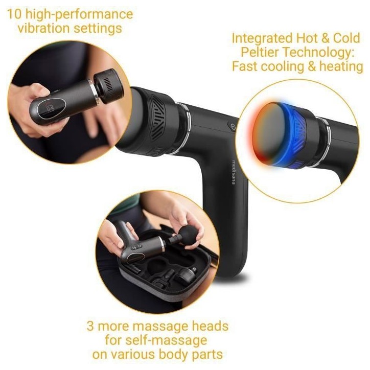 Pistolet de massage chaud & froid - MEDISANA - MG 560 - 10 intensités de percussion - 3 niveaux - 4 accessoires - Noir