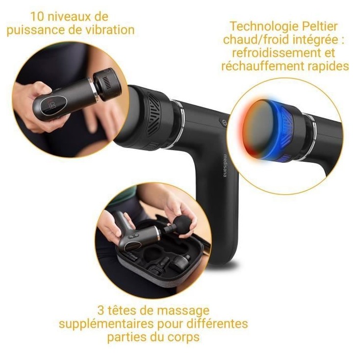 Pistolet de massage chaud & froid - MEDISANA - MG 560 - 10 intensités de percussion - 3 niveaux - 4 accessoires - Noir