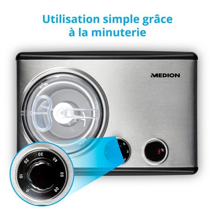 Sorbetiere Yaourtiere - MEDION MD18387 – 150W – de -18 a -35°C – 1,5L de glace – Écran LCD – Noir/Alu Sorbetiere Yaourtiere - MEDION MD18387 – 150W – de -18 a -35°C – 1,5L de glace – Écran LCD – Noir/Alu