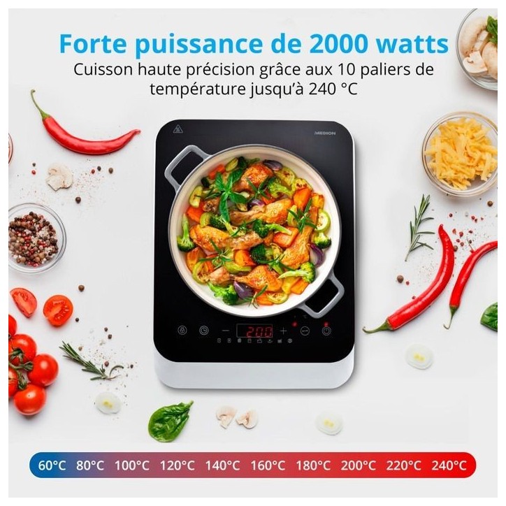 Plaque de cuisson a induction posable - MEDION - 1 feu - 2000 W - 29 x 38,5 x 6,3 cm - MD18490 Plaque de cuisson a induction posable - MEDION - 1 feu - 2000 W - 29 x 38,5 x 6,3 cm - MD18490