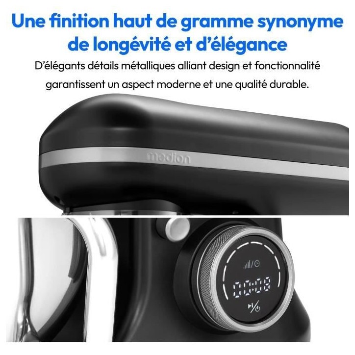 Robot pâtissier - MEDION - MD18420 - 1200 W - 5 L - 8 vitesses - Bol a glace - Noir Robot pâtissier - MEDION - MD18420 - 1200 W - 5 L - 8 vitesses - Bol a glace - Noir