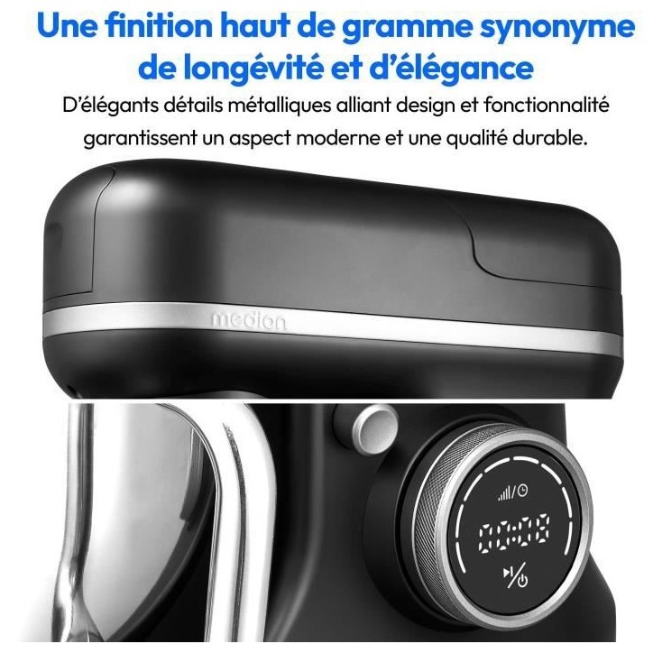 Robot pâtissier 3-en-1- MEDION - MD18430 - 1200 W - 5 L - 8 vitesses - Fonction hachoir - Noir