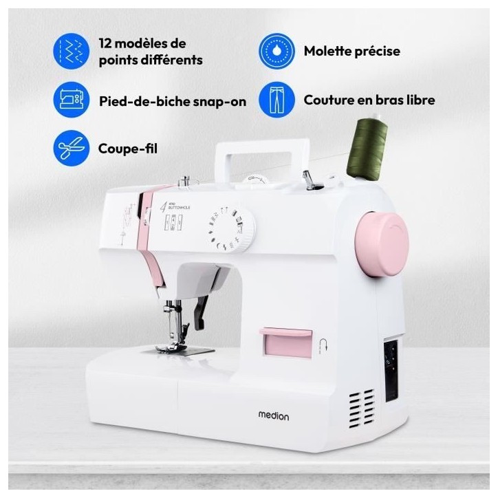 Machine a Coudre - MEDION - SM 70 - 71W - 12 Points - 700 tr/min - LED - Rose Machine a Coudre - MEDION - SM 70 - 71W - 12 Points - 700 tr/min - LED - Rose