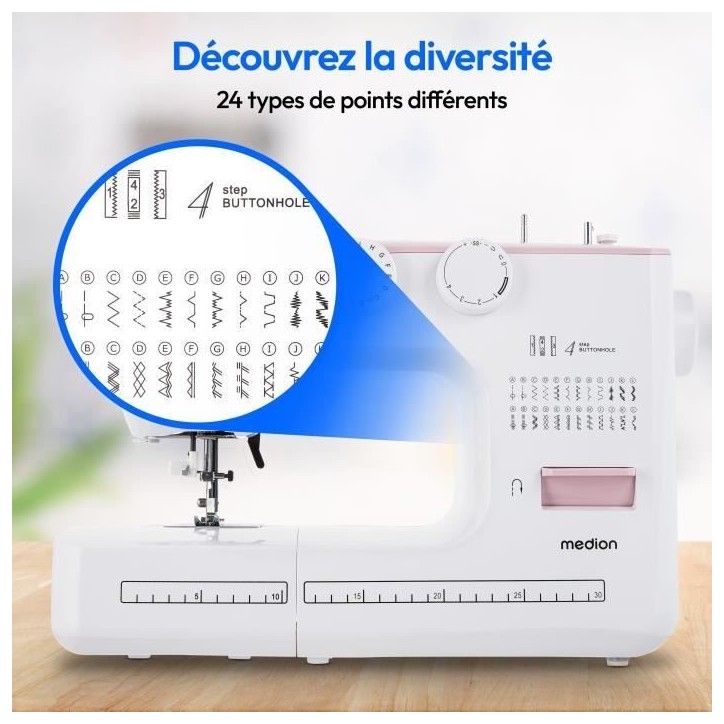 Machine a Coudre - MEDION - SM 60 - 62W - 24 Points + Points Doubles - 700 tr/min - LED - Rose Machine a Coudre - MEDION - SM 60 - 62W - 24 Points + Points Doubles - 700 tr/min - LED - Rose