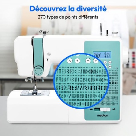 Machine a Coudre Numérique - MEDION - SD 36 - 38W - 270 Points - 700 tr/min - LED - Turquoise