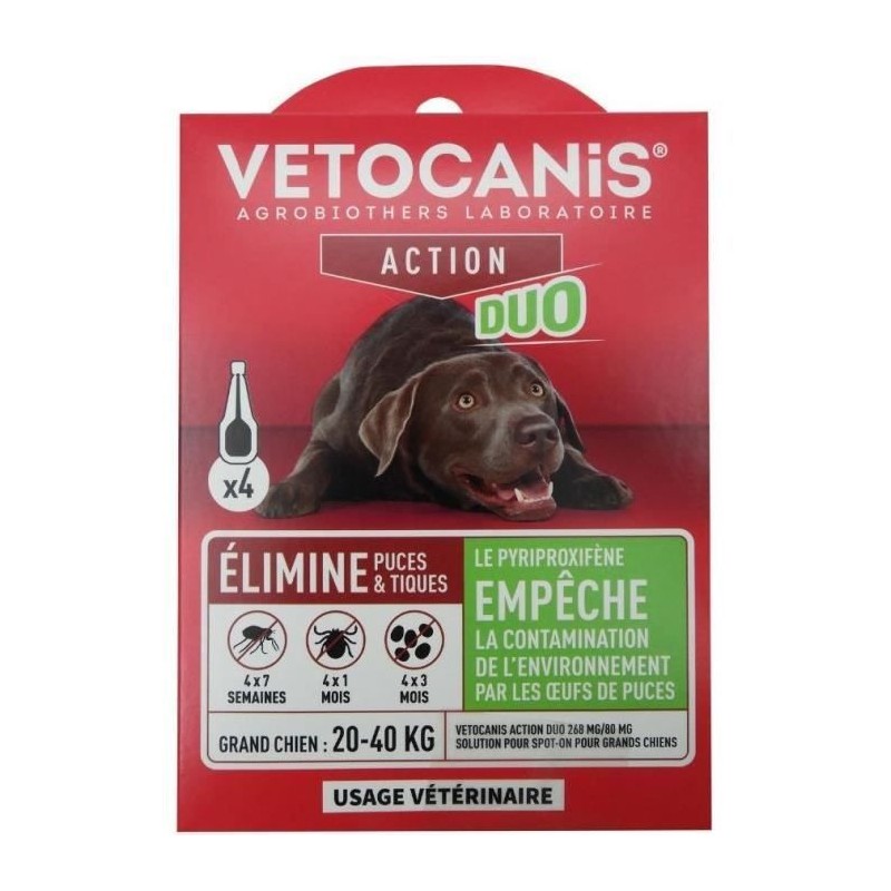 Pipettes - VETOCANIS - x4 Pipettes Anti-puces et tiques Duo 268mg/80mg