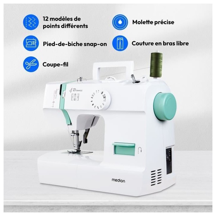Machine a Coudre - MEDION - SM 70 - 71W - 12 Points - 700 tr/min – LED - Turquoise Machine a Coudre - MEDION - SM 70 - 71W - 12 Points - 700 tr/min – LED - Turquoise