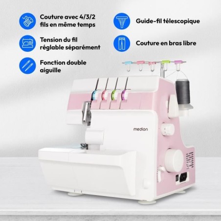 Surjeteuse - MEDION - SO 90 - 91W - Type d'aiguille 11, 14, 16 - 1200 tr/min - LED - Rose