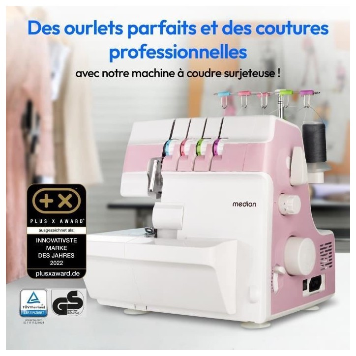 Surjeteuse - MEDION - SO 90 - 91W - Type d'aiguille 11, 14, 16 - 1200 tr/min - LED - Rose
