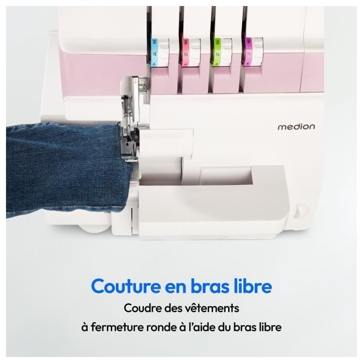 Surjeteuse - MEDION - SO 90 - 91W - Type d'aiguille 11, 14, 16 - 1200 tr/min - LED - Rose