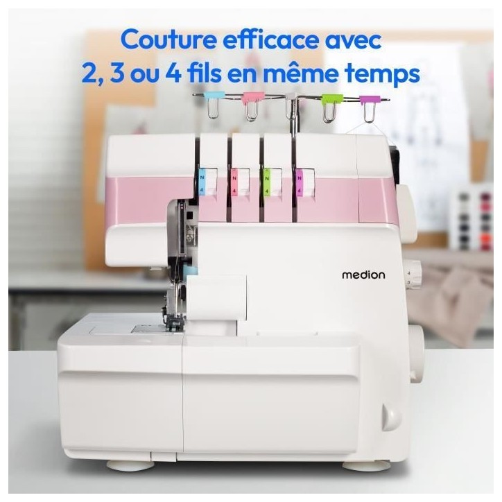 Surjeteuse - MEDION - SO 90 - 91W - Type d'aiguille 11, 14, 16 - 1200 tr/min - LED - Rose