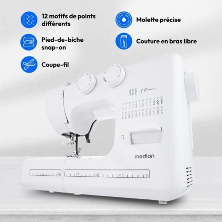 Machine a Coudre - MEDION - SM 60 - 62W - 24 Points + Points Doubles - 700 tr/min - LED - Blanc