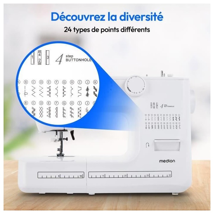 Machine a Coudre - MEDION - SM 60 - 62W - 24 Points + Points Doubles - 700 tr/min - LED - Blanc