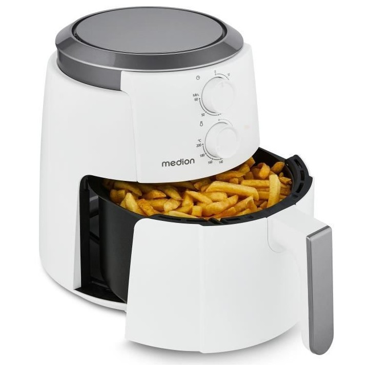 Friteuse a air chaud - MEDION - MD13020 - Airfryer - 1500 watts - Minuterie 60 min - Jusqu'a 200°C - 4,7 L - Blanc Friteuse a air chaud - MEDION - MD13020 - Airfryer - 1500 watts - Minuterie 60 min - Jusqu'a 200°C - 4,7 L - Blanc