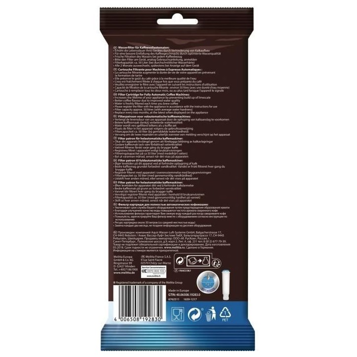 Cartouche filtrante Melitta Pro Aqua Claris pour machines a expresso automatiques Cartouche filtrante Melitta Pro Aqua Claris pour machines a expresso automatiques