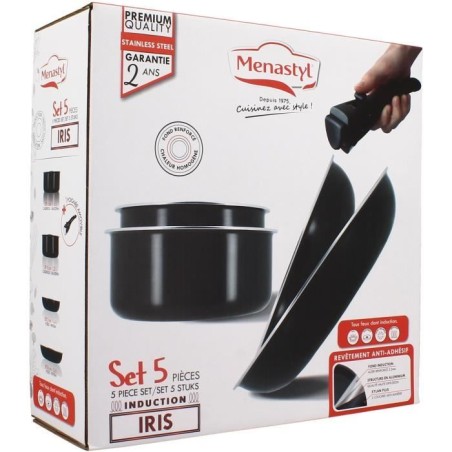Batterie de cuisine - Induction - MENASTYL - 6020437 - Aluminium antiadhésif - 5 pieces - Poignée amovible - Noir