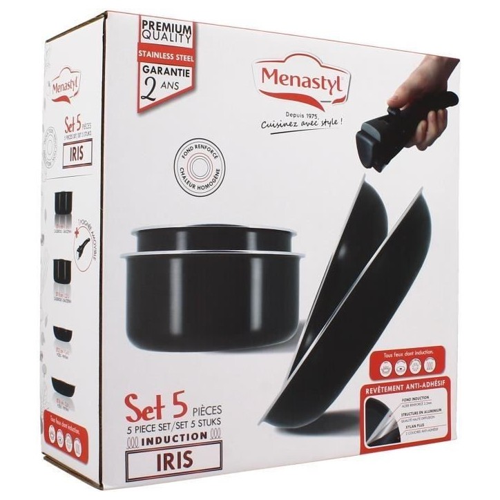 Batterie de cuisine - Induction - MENASTYL - 6020437 - Aluminium antiadhésif - 5 pieces - Poignée amovible - Noir Batterie de cuisine - Induction - MENASTYL - 6020437 - Aluminium antiadhésif - 5 pieces - Poignée amovible - Noir