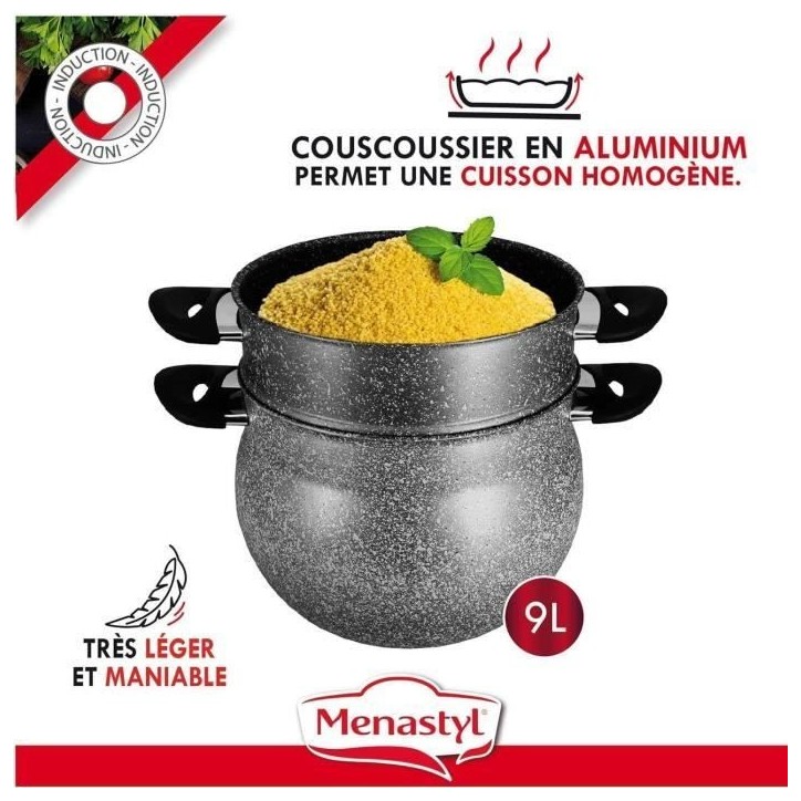 Couscoussier - MENASTYL - 6020033 - En aluminium effet marbre - 9 litres - Tous feux dont induction Couscoussier - MENASTYL - 6020033 - En aluminium effet marbre - 9 litres - Tous feux dont induction
