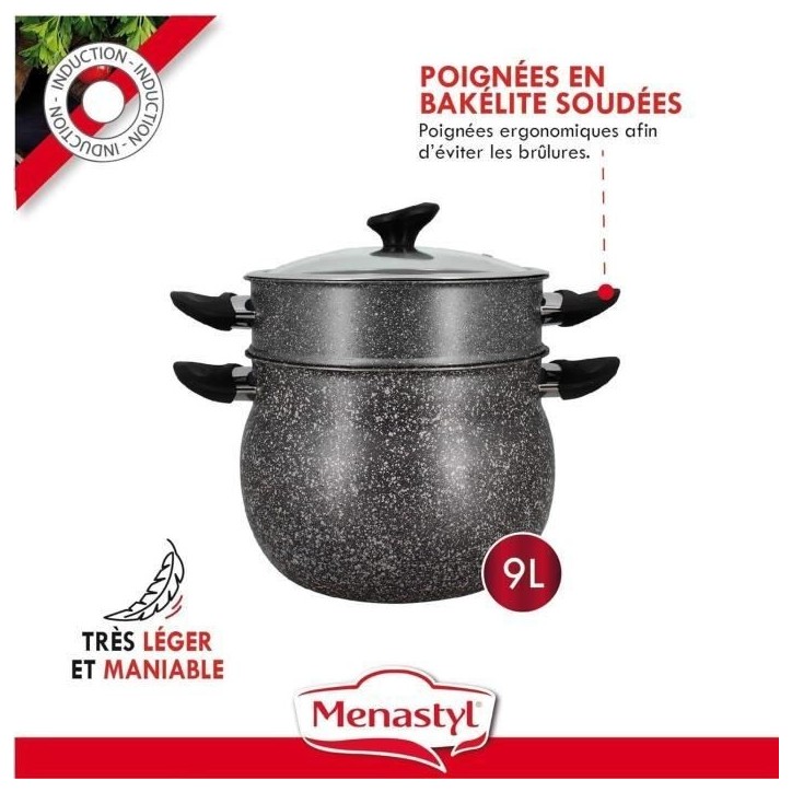 Couscoussier - MENASTYL - 6020033 - En aluminium effet marbre - 9 litres - Tous feux dont induction Couscoussier - MENASTYL - 6020033 - En aluminium effet marbre - 9 litres - Tous feux dont induction