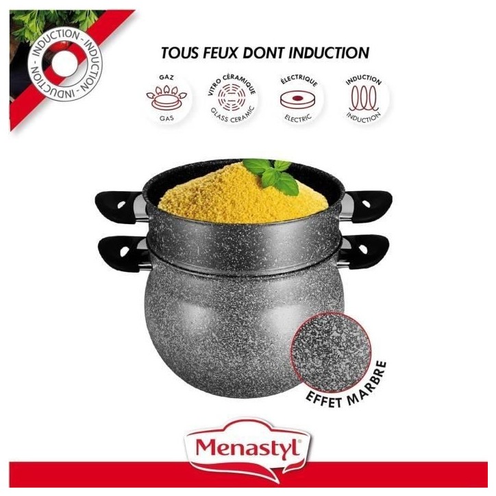 Couscoussier - MENASTYL - 6020033 - En aluminium effet marbre - 9 litres - Tous feux dont induction Couscoussier - MENASTYL - 6020033 - En aluminium effet marbre - 9 litres - Tous feux dont induction