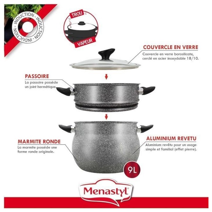 Couscoussier - MENASTYL - 6020033 - En aluminium effet marbre - 9 litres - Tous feux dont induction Couscoussier - MENASTYL - 6020033 - En aluminium effet marbre - 9 litres - Tous feux dont induction