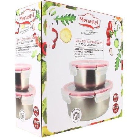 Lot de 2 boîtes hermétiques avec couvercle - MENASTYL - 5040178 - En acier inoxydable - Ronde - 15 et 20 cm - Compatibles micr