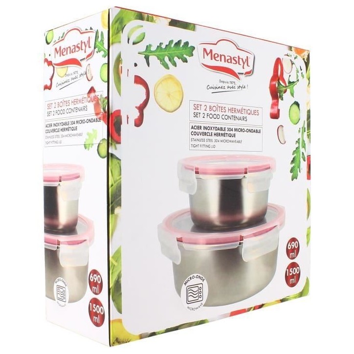 Lot de 2 boîtes hermétiques avec couvercle - MENASTYL - 5040178 - En acier inoxydable - Ronde - 15 et 20 cm - Compatibles micr Lot de 2 boîtes hermétiques avec couvercle - MENASTYL - 5040178 - En acier inoxydable - Ronde - 15 et 20 cm - Compatibles micr