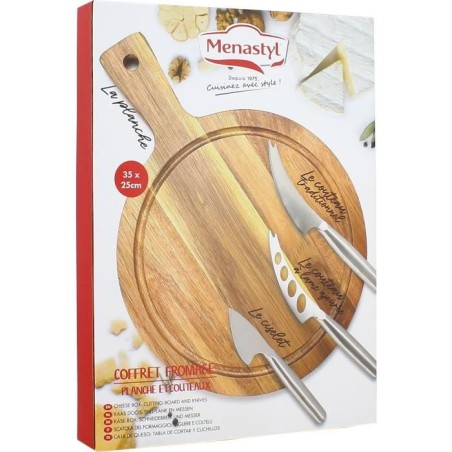 Planche a decouper - MENASTYL - 5040076 - Rectangulaire - En bois d'acacia - Avec 3 couteaux a fromage en inox