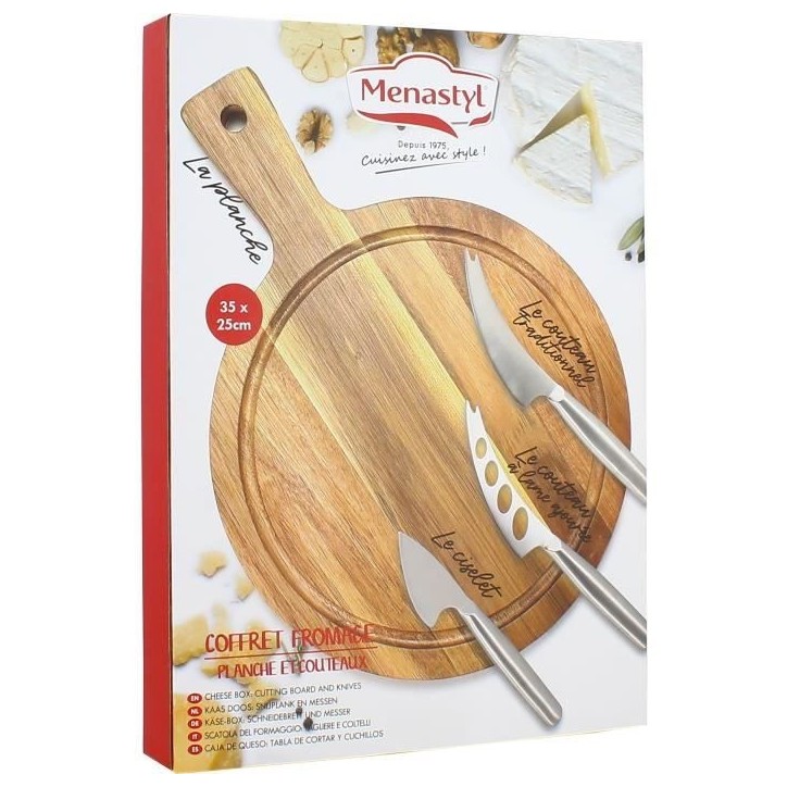 Planche a decouper - MENASTYL - 5040076 - Rectangulaire - En bois d'acacia - Avec 3 couteaux a fromage en inox