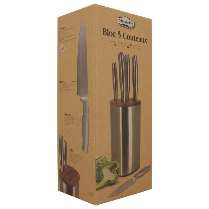 Bloc de couteaux 5 pieces - MENASTYL - 5041070 - En acier inoxydable - Bois