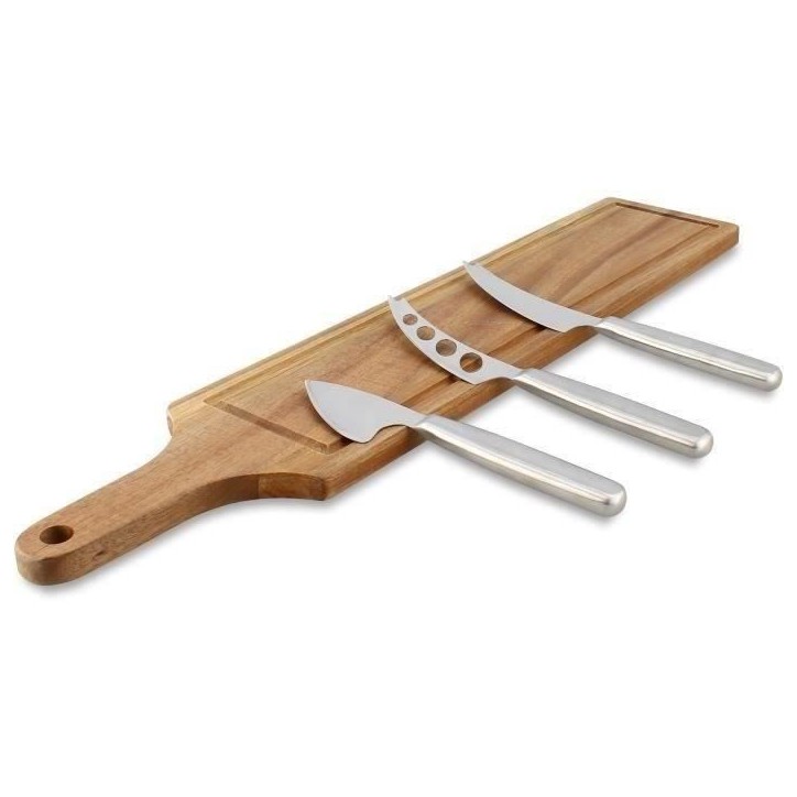 Planche a decouper - MENASTYL - 5040079 - Rectangulaire - En bois d'acacia - Avec 3 couteaux a fromage en inox