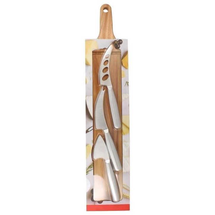 Planche a decouper - MENASTYL - 5040079 - Rectangulaire - En bois d'acacia - Avec 3 couteaux a fromage en inox