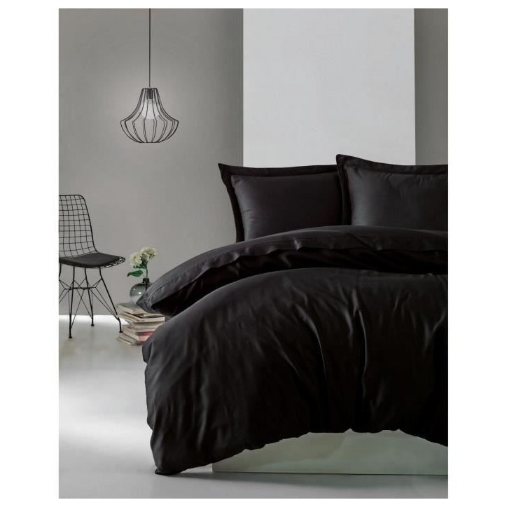 Parure de lit - 1 housse de couette 220 x 240 cm + 2 taies d'oreiller 60 x 60 cm - Satiné 100% coton - Noir Parure de lit - 1 housse de couette 220 x 240 cm + 2 taies d'oreiller 60 x 60 cm - Satiné 100% coton - Noir