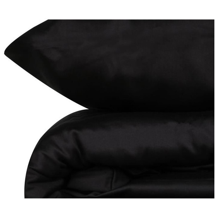 Parure de lit - 1 housse de couette 220 x 240 cm + 2 taies d'oreiller 60 x 60 cm - Satiné 100% coton - Noir Parure de lit - 1 housse de couette 220 x 240 cm + 2 taies d'oreiller 60 x 60 cm - Satiné 100% coton - Noir